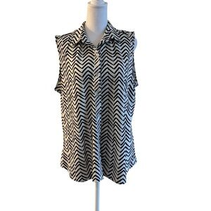 Tamara H Sleeveless Blouse XL Black White Chevron Button Front Top